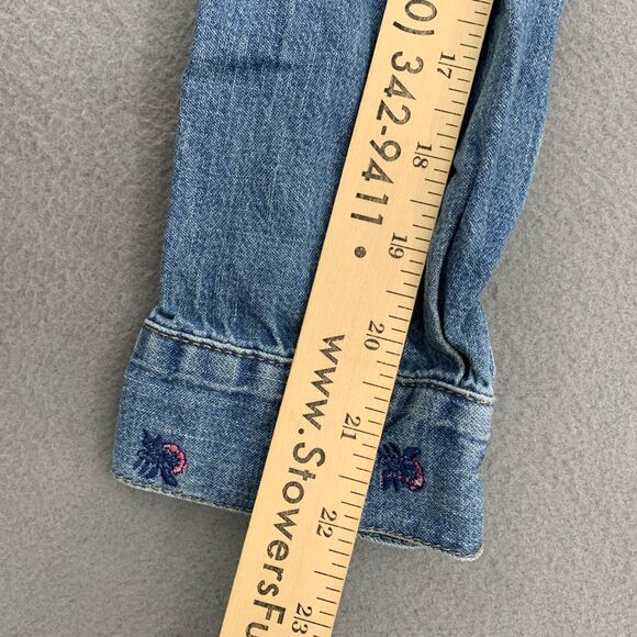 Lucky Brand Boyfriend Shirt Womens XS Denim Classic Chambray Floral Embroidery - Picture 12 of 16